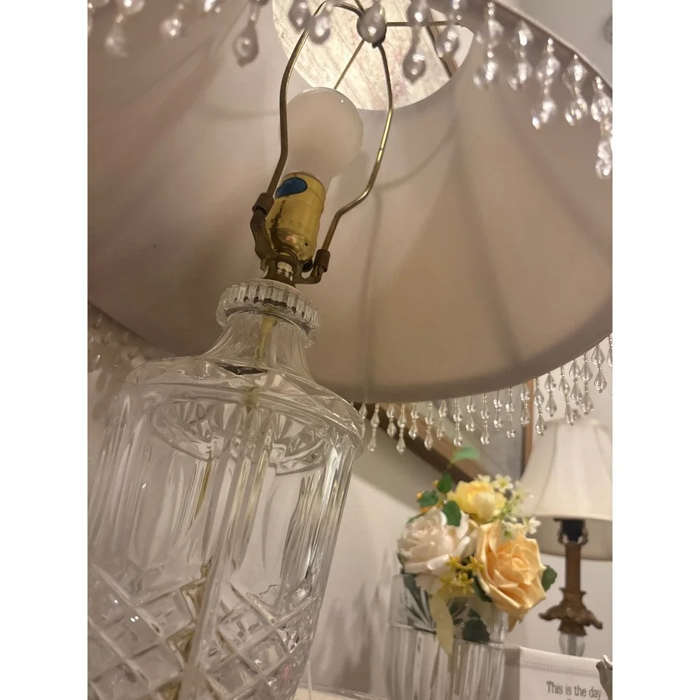 Vintage 40's Style Cut Crystal Table Lamp with Beaded Fringe Bell Shade